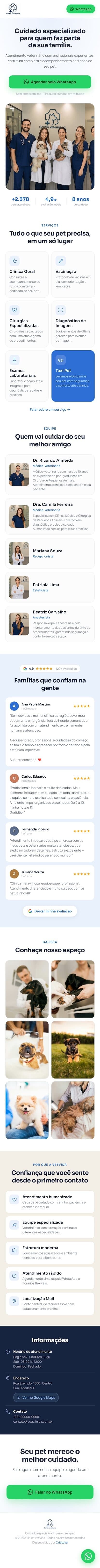 Página profissional completa com serviços, equipe, avaliações e contato