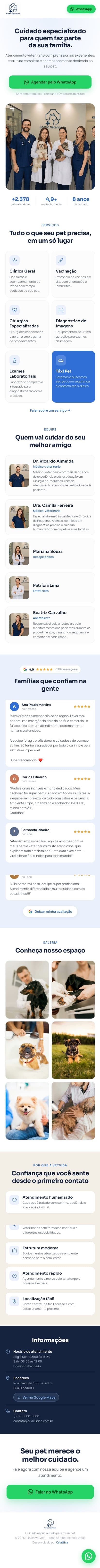 Página profissional de uma clínica veterinária